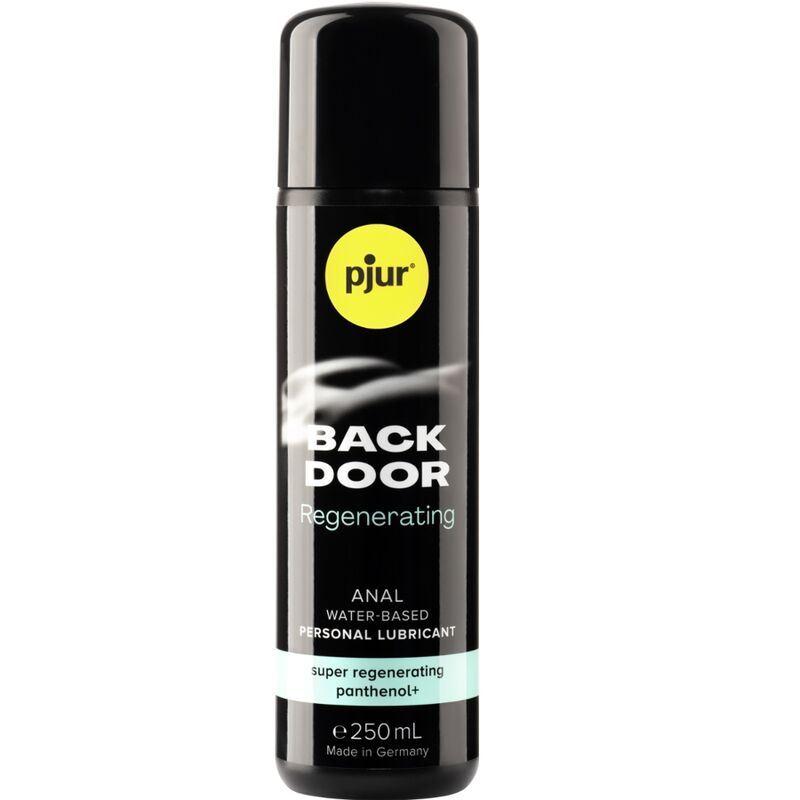 Close-up do lubrificante anal PJUR Back Door Regenerador 250 ML, mostrando a embalagem e a textura do produto.