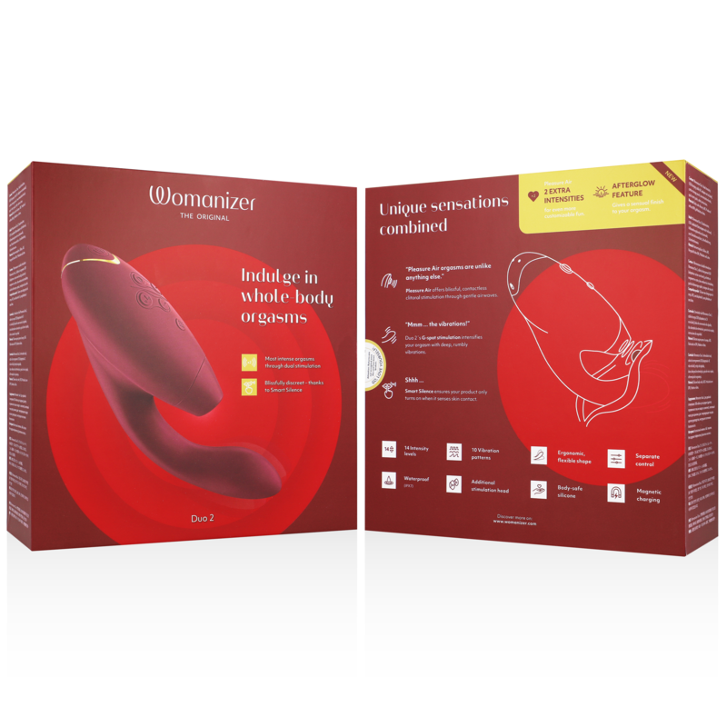 Close-up do Womanizer Duo 2 Estimulador Duplo Bordeaux, mostrando seu design ergonômico e material de silicone.