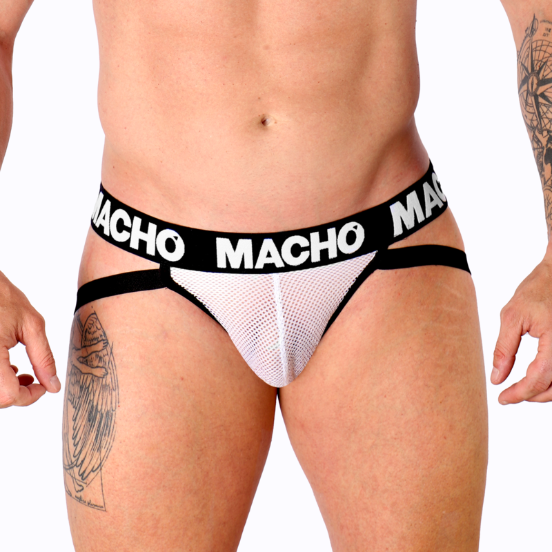 Jockstrap MACHO Semitransparente Grid Malha Branco, detalhe da textura e design.