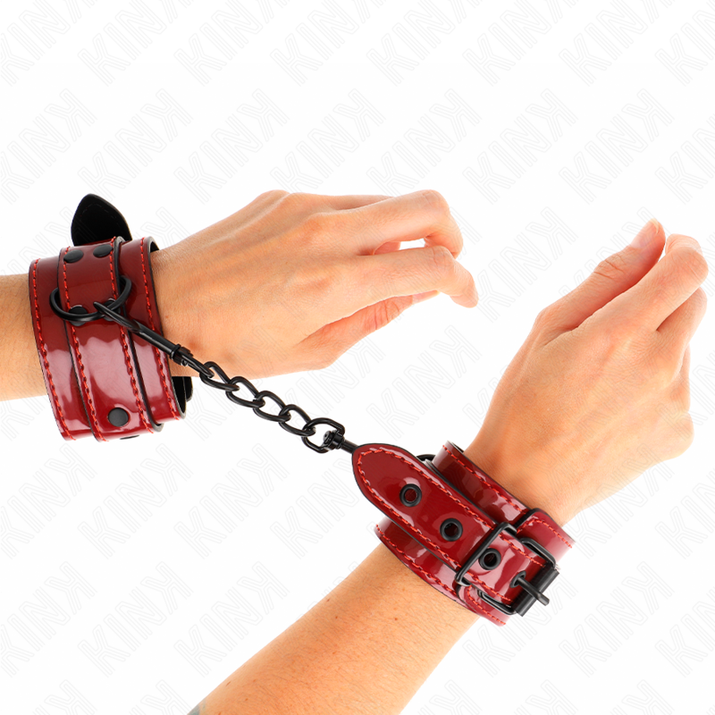 KINK Punhos Algemas de Pulso Vermelho Escuro 23x5cm para controlo BDSM.