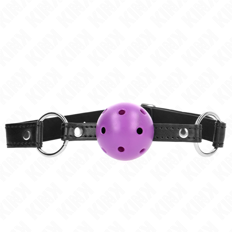 Mordaça Bola KINK Roxa Dura Oca 4,5 CM para BDSM, vista de perto
