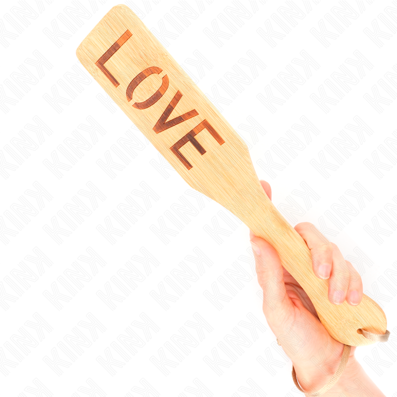 KINK Paleta de Bambu Palavra Amor 32x5,5cm para BDSM, exibindo o design e a gravação 'Amor'.