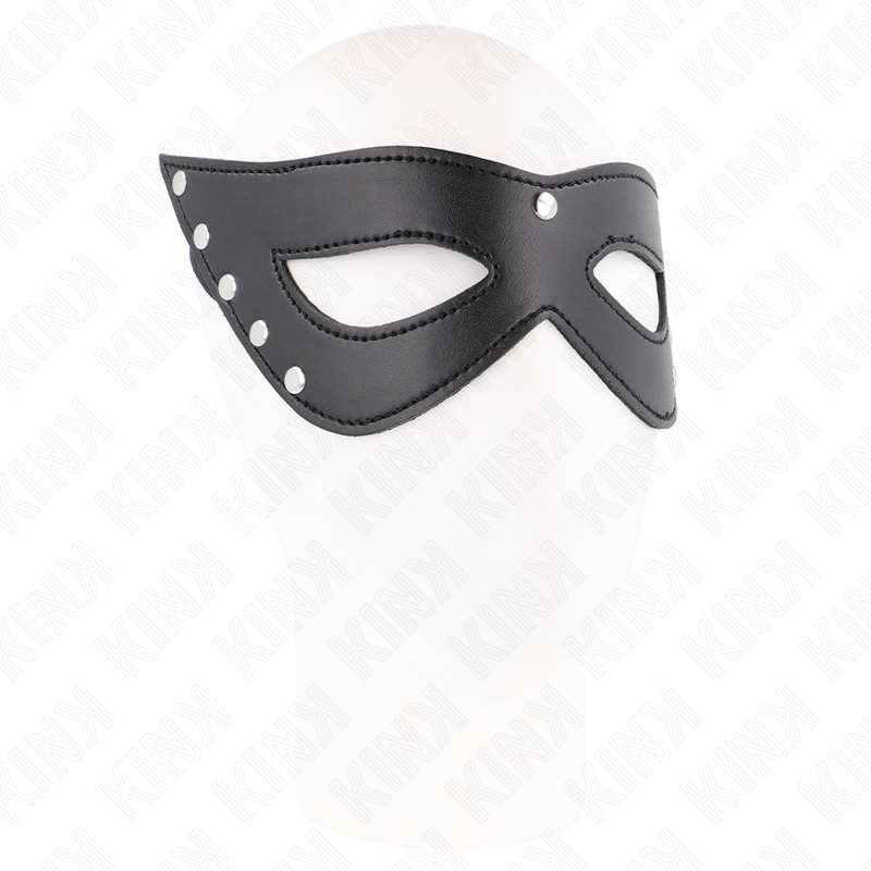 Máscara de Olhos KINK com 5 Rebites para experiências BDSM, mostrando detalhes do design e material.