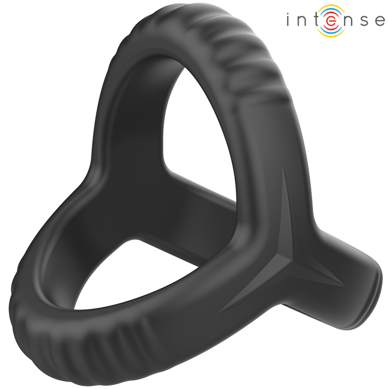 Close-up do Anel Peniano Duplo Carson INTENSE de silicone preto, destacando seu design e material macio para melhor desempenho.