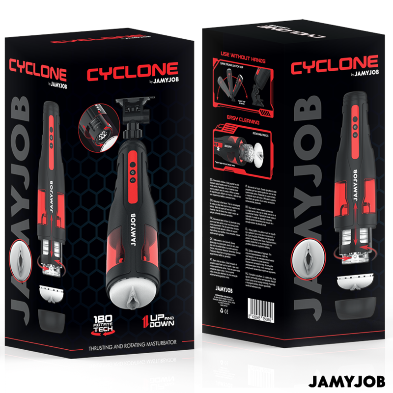 Close-up do masturbador automático masculino JAMYJOB Cyclone, mostrando seu design elegante em preto e detalhes em vermelho e a textura de silicone.