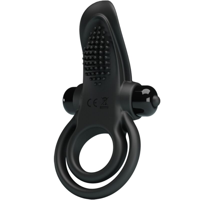 Close-up do PRETTY LOVE Anel Vibratório Duplo com Estimulador de Clítoris 10 Funções Preto, mostrando seu design ergonómico e material de silicone suave.