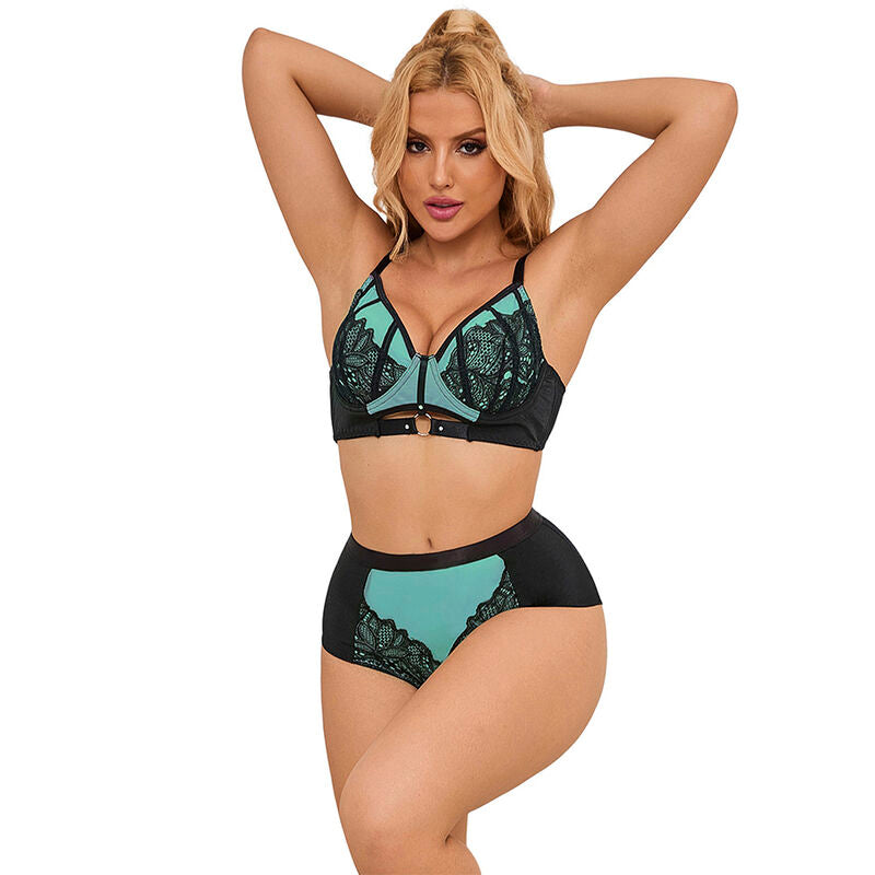 Close-up do Conjunto de Lingerie SUBBLIME Renda e Malha Verde com Sutiã Push-up S/M, mostrando detalhes do tecido e design.