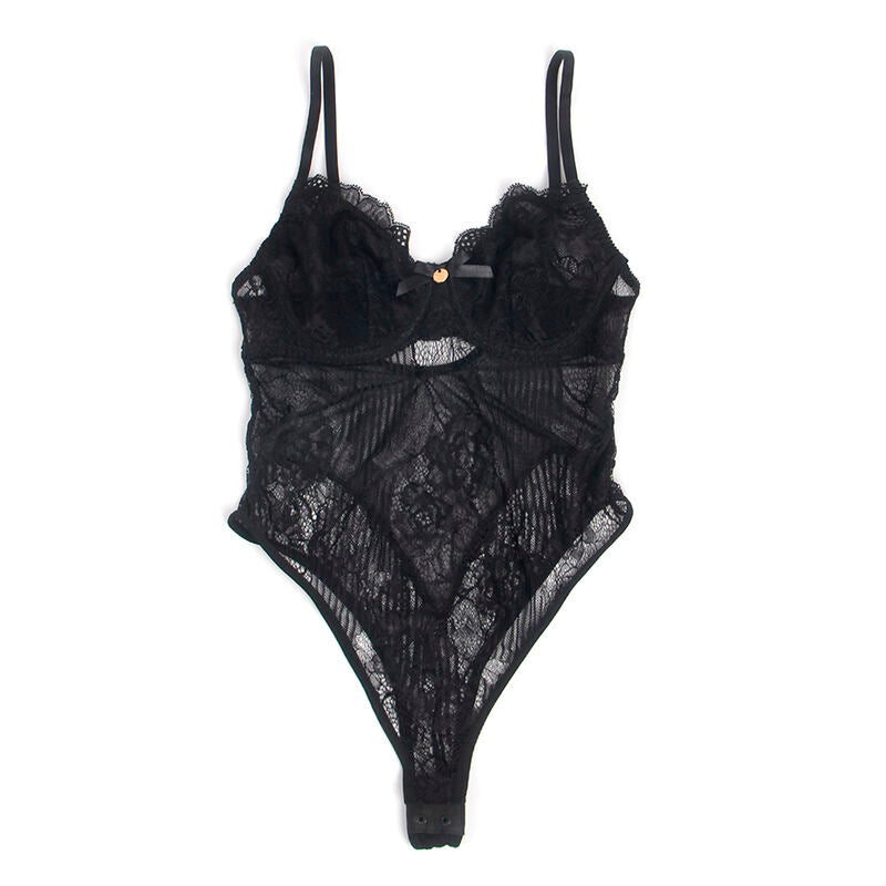 SUBBLIME Body de Renda Preto Push-Up com Fecho Inferior L/XL detalhe frontal e textura da renda.