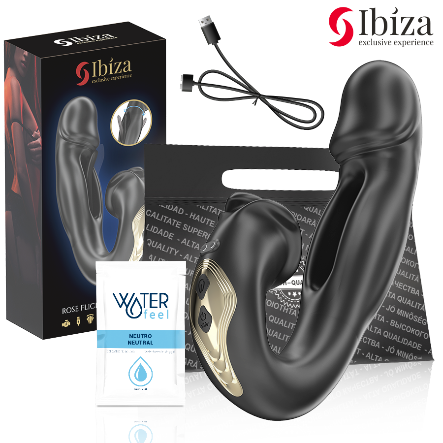 Vibrador Rosa IBIZA com efeito oscilante e estimulador clitoriano, detalhes do design e funcionalidades.