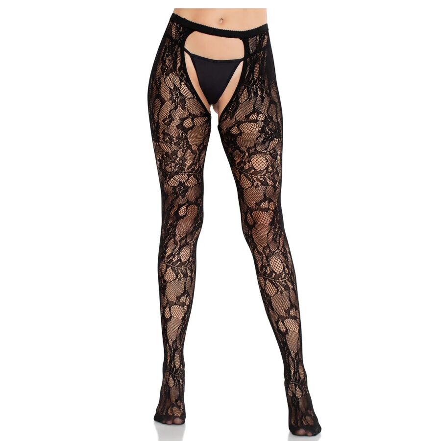 LEG AVENUE - MEDIAS DE ENCAJE ROSAS CON ESPALDA ABIERTA NEGRA