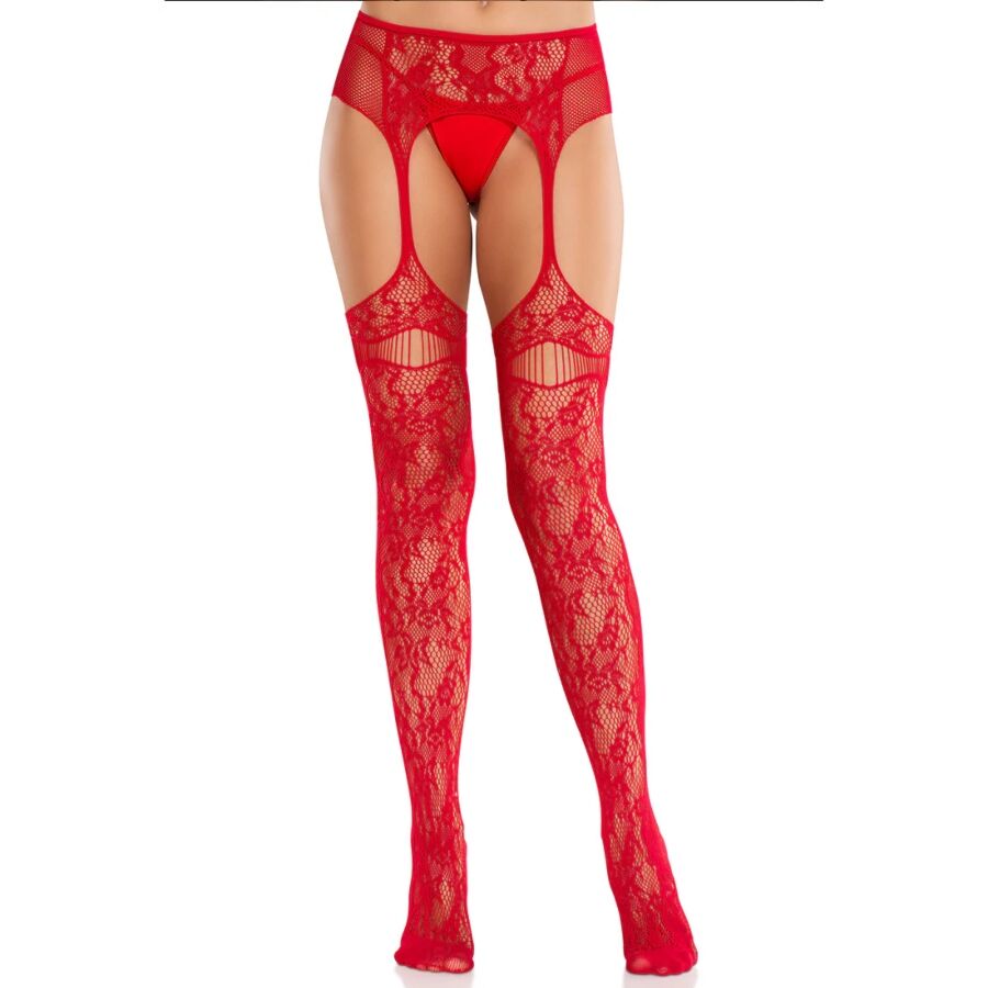 LEG AVENUE - MEDIAS DE ENCAJE CON LIGAS ROJAS