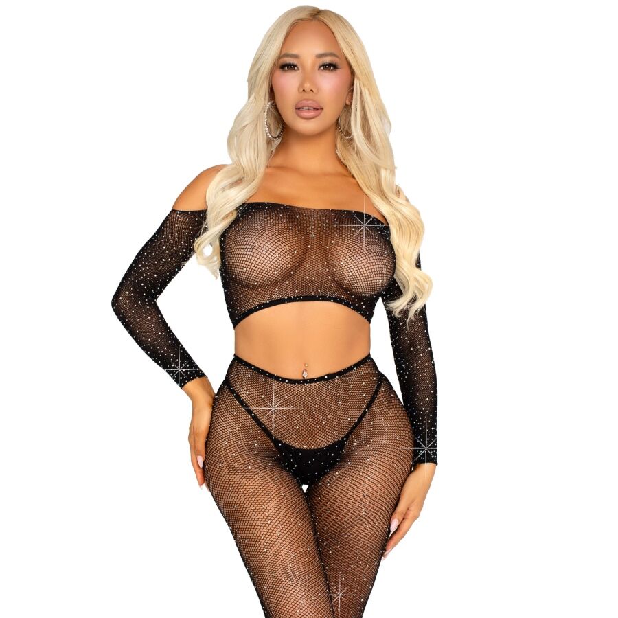 Close-up do Conjunto de Lingerie LEG AVENUE Top Crop e Legging de Rede com Strass, mostrando o design da rede e os detalhes dos strass.