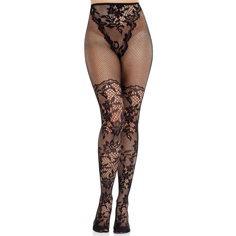 LEG AVENUE - MEDIAS DE ENCAJE DAHLIA CON DETALLE DE MALLA NEGRA