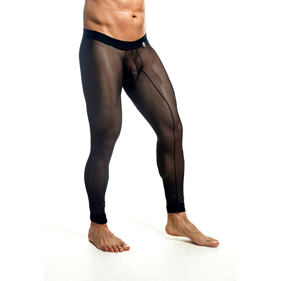 MOB Meia-Calça Masculina Transparente Preta Tamanho L, detalhe do tecido de malha.