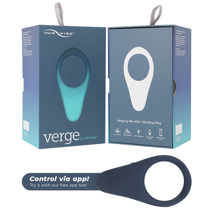 Anel vibrador WE-VIBE Verge para ereção e estimulação do períneo com controlo via app, mostrando o design ergonómico