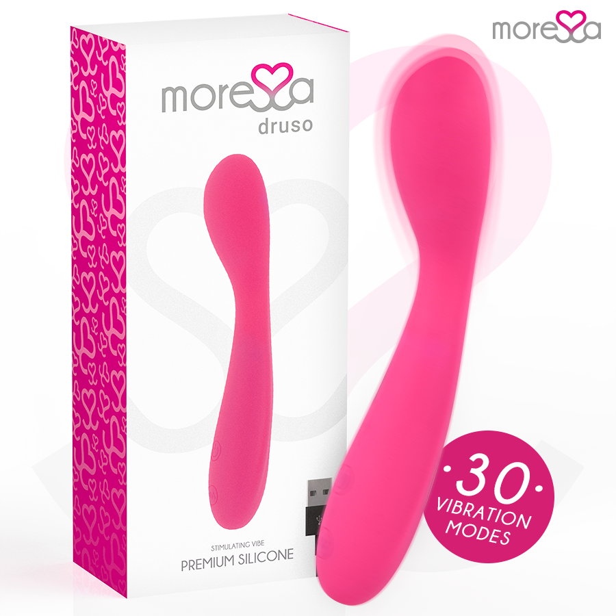 Close-up do Vibrador MORESSA Druso Premium Silicone Recarregável, mostrando seu design ergonômico e material de alta qualidade.