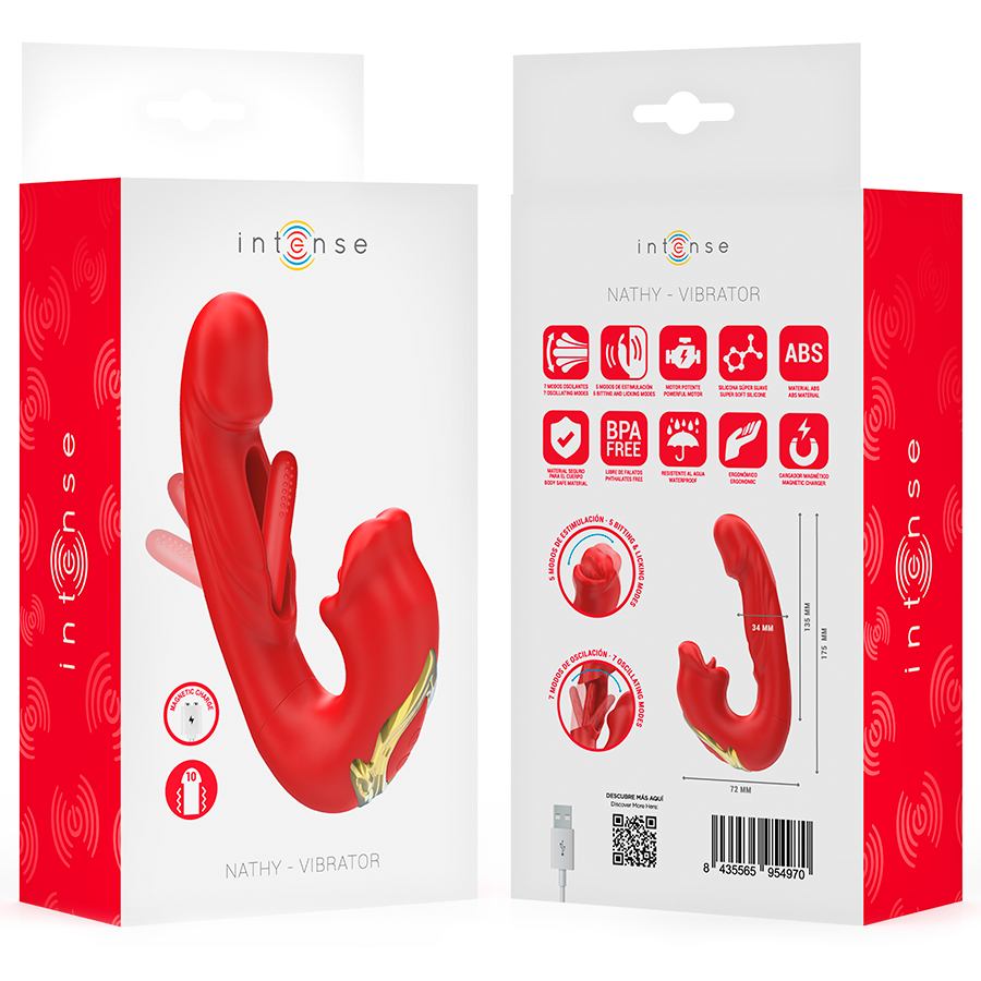 INTENSE Vibrador Duplo NATHY com boca estimulante multifunções vermelha, mostrando seu design ergonômico e silicone macio.