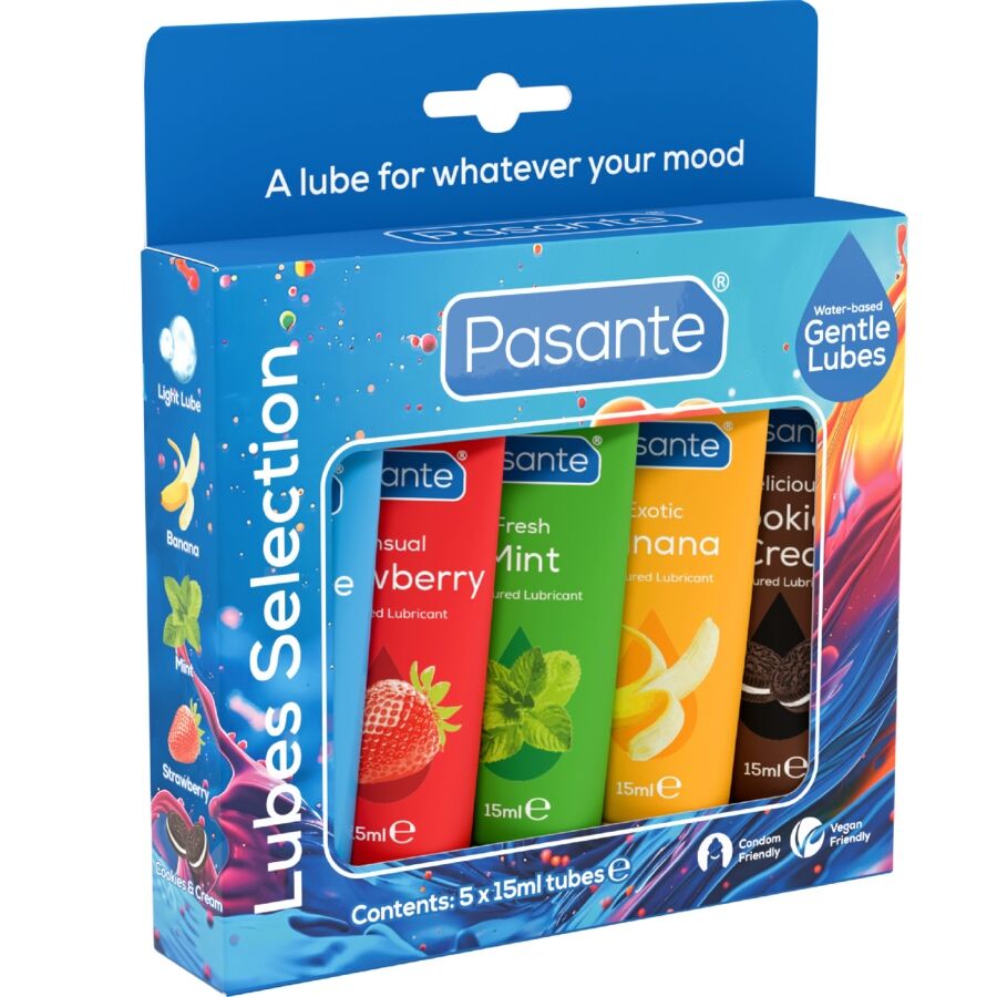 Pack de Lubrificantes Pasante Sabores Sortidos 5x15ml, com os diferentes tubos coloridos e indicativos de sabor.