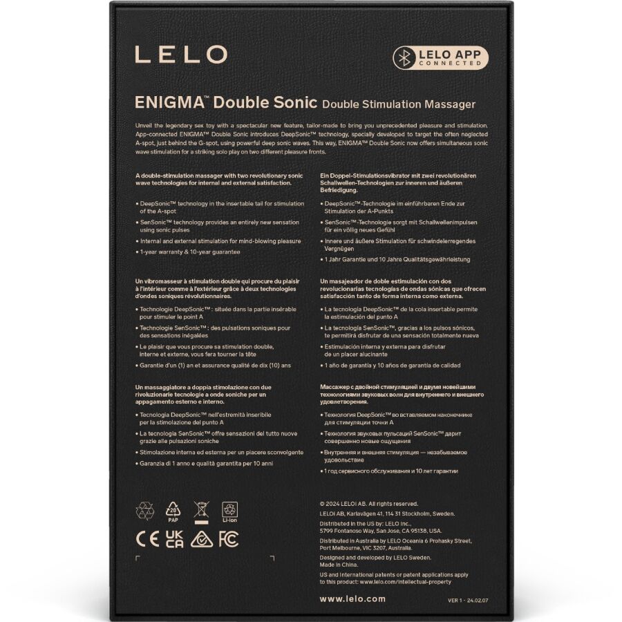 Close-up of the LELO Enigma Duplo Sônico Vibrator Preto, highlighting its ergonomic design and dual stimulation points.