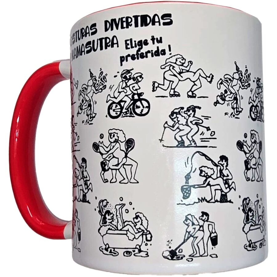 Taza Kamasutra Positions Blanca con Asa Roja 370 ml