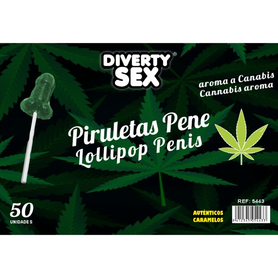 Piruletas con Forma de Pene con Aroma a Cannabis - Bote de 50 Unidades