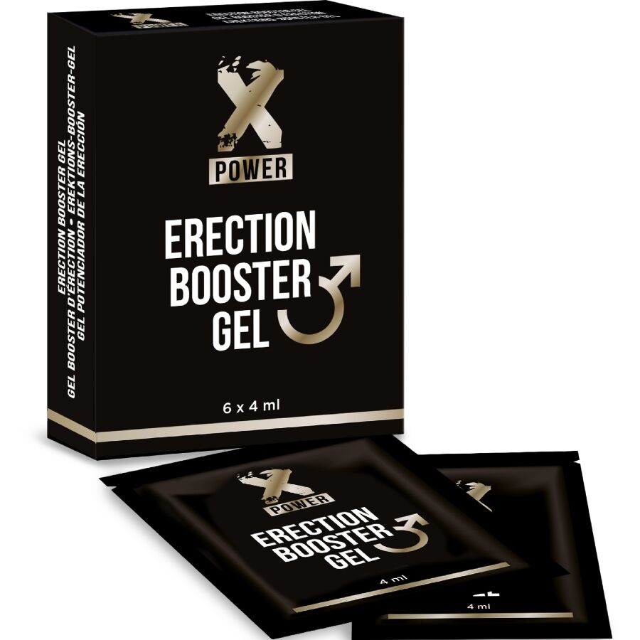 Embalagem do XPOWER Gel Aumentador de Ereção Rápida 6 x 4ml, mostrando as saquetas individuais do produto.