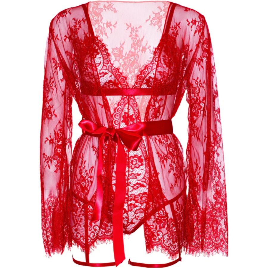 LEG AVENUE Conjunto de Robe com Calcinha e Ligas Vermelho S, detalhe da renda e do tecido.
