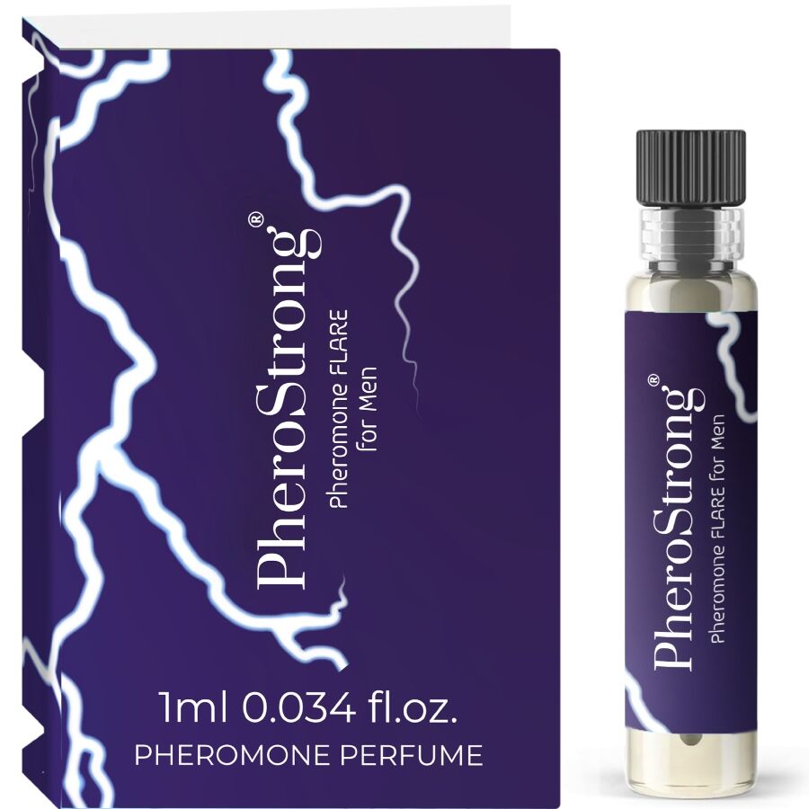 Frasco de perfume PheroStrong Flare 1 ml com feromônios para homens, exibindo o design do produto.