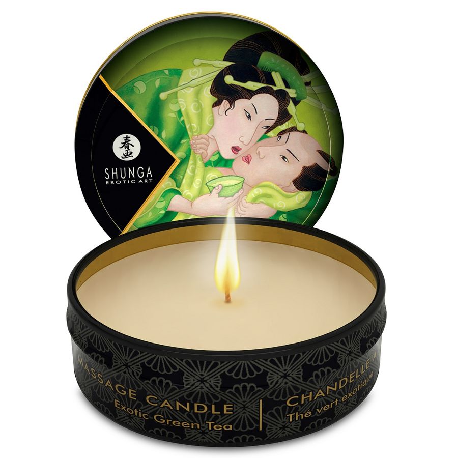 Vela de Massagem Shunga Mini Caress Chá Verde 30 ML para momentos íntimos e relaxantes.