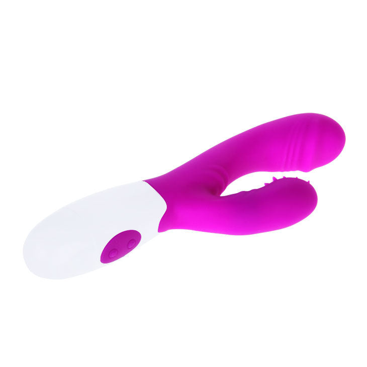 Vibrador PRETTY LOVE Andre em lilás e branco com ponta rotativa e detalhes de silicone.