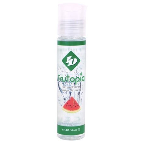 Close-up of the ID Frutopia Lubrificante Sabor Melancia 30ml, showing its packaging and watermelon flavor.