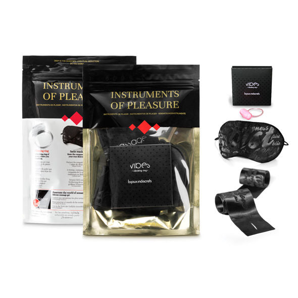 Kit BIJOUX Instrumentos de Prazer Nível Vermelho com anel vibratório, algemas e máscara para jogos BDSM