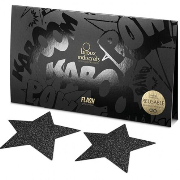 Detalhe dos Bijoux Indiscrets Black Star Flash Nipple Caps autoadesivos com brilho estrela