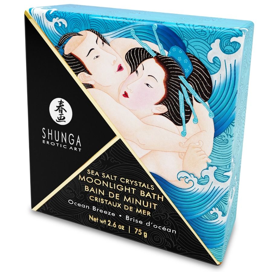 Close-up dos SHUNGA Sais de Banho Perfumados Oceania 75gr, mostrando os cristais e a embalagem.