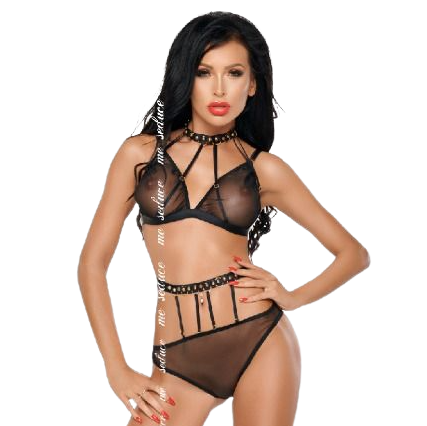 Me-Seduce Conjunto de Lingerie Dotty Preto S/M com tule translúcido e detalhes dourados.
