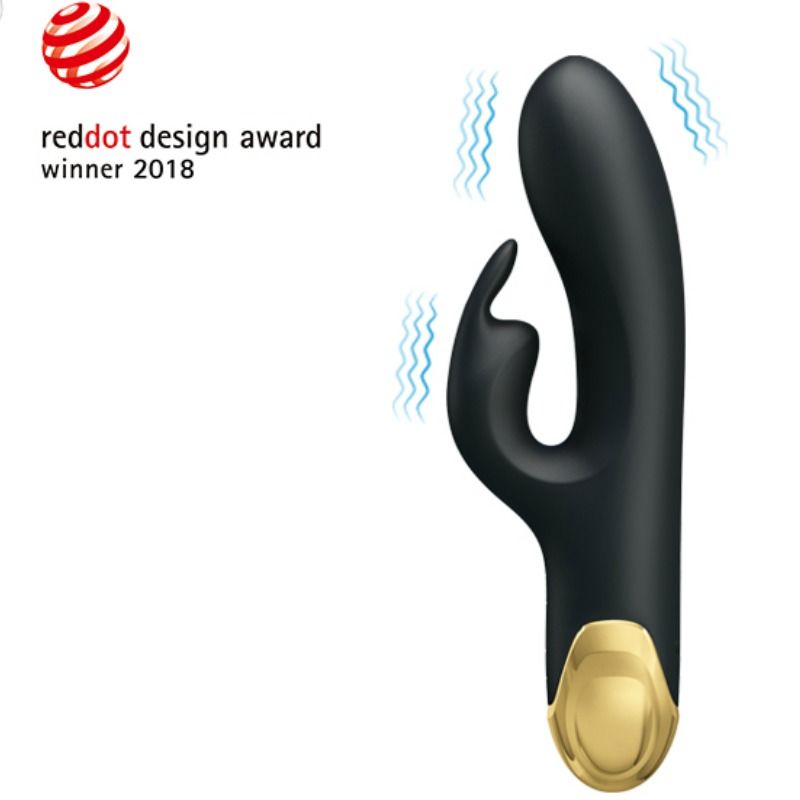 Close-up do Vibrador Duplo Inteligente PRETTY LOVE, mostrando seu design elegante, material de silicone e detalhes metálicos dourados.