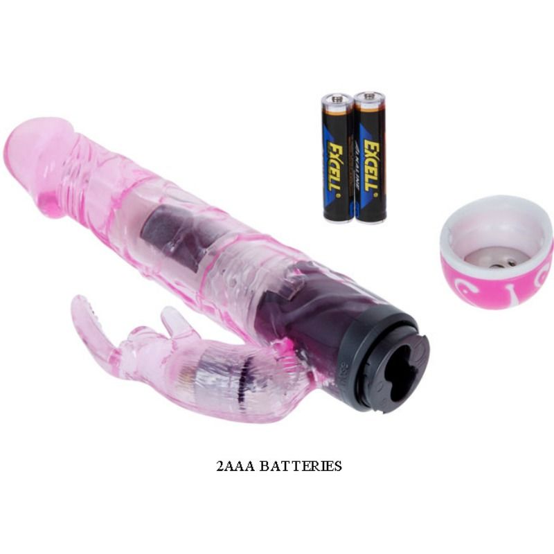 Close-up do Vibrador Coelho BAILE Multivelocidade rosa com 10 modos de vibração.