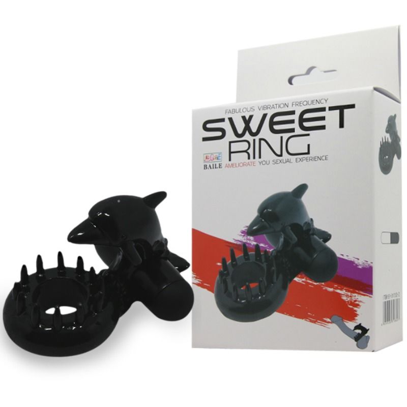 Anel peniano vibratório BAILE Sweet Ring com estimulador de clitóris em silicone preto para casais.