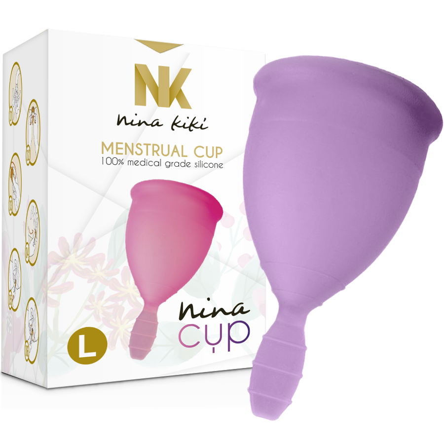 Copo menstrual NINA KIKÍ roxo tamanho L, mostrando o material de silicone médico e a forma.