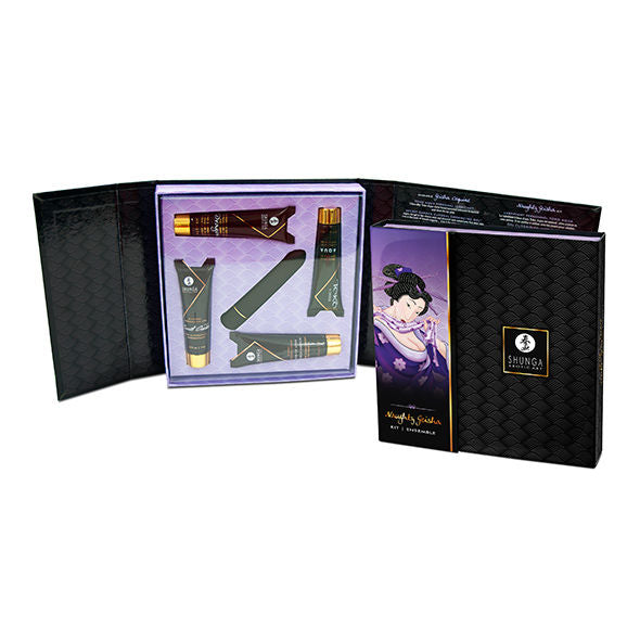 Shunga Kit Geixa Safada para Casais com lubrificante, géis e bala vibratória, pronto para experiências sensoriais.