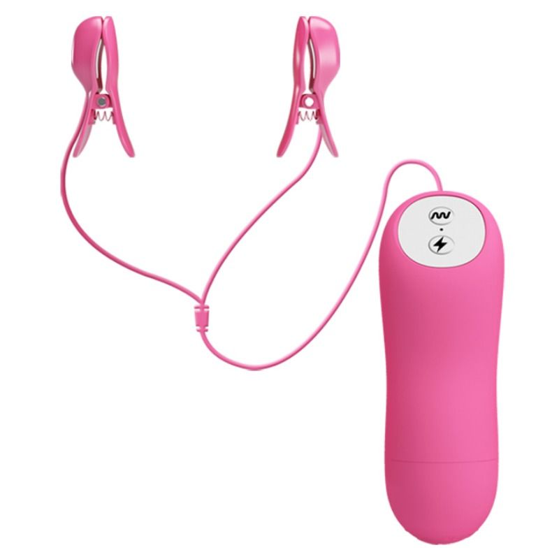 Pinças para mamilos vibratórias com eletrochoque fúcsia BAILE, close-up do design ajustável e vibrador