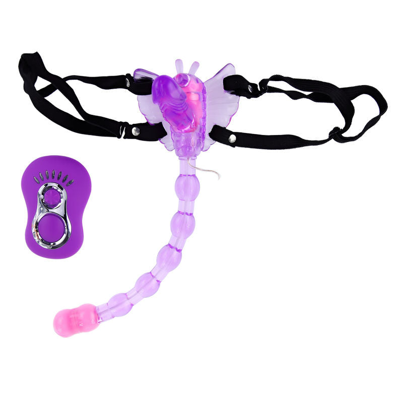 Imagem do BAILE Vibrador Borboleta Triplo com Controle Remoto, destacando seu design flexível e tiras ajustáveis.