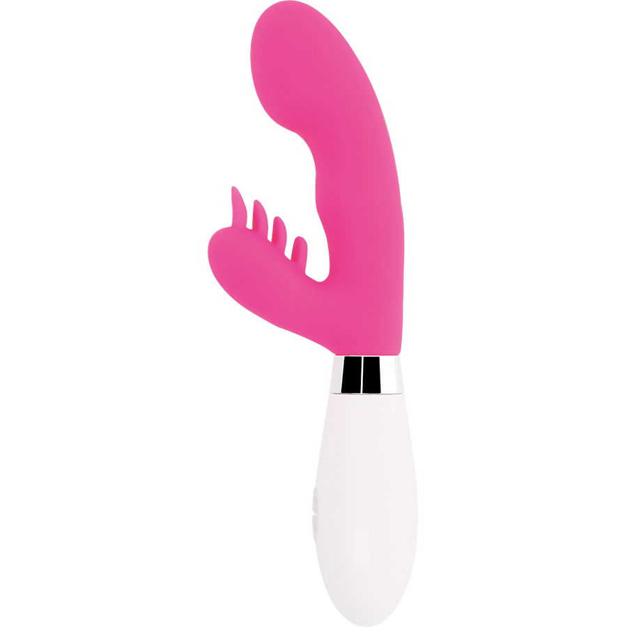 Close-up do vibrador coelho GLOSSY Elvi Rosa, mostrando seu design ergonómico e material de silicone.