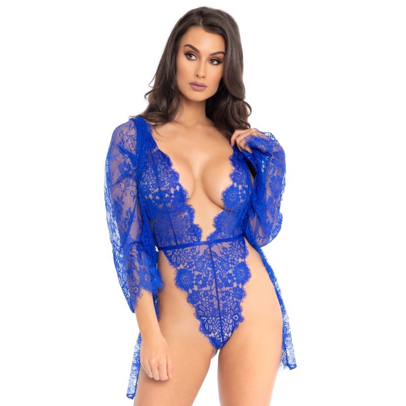 Detalhe do Conjunto Lingerie LEG AVENUE Teddy e Robe Renda Azul S, mostrando o design floral e a textura do tecido.