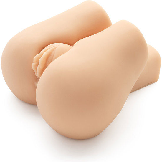 Close-up do Masturbador ACT Nasty Nympho Bouncer com vibrador, mostrando seus orifícios realistas e textura.