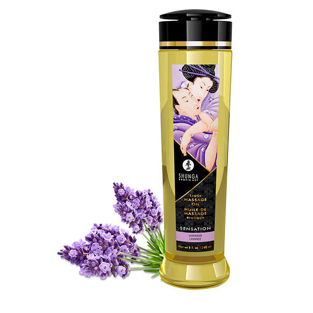 Close-up do Óleo de Massagem SHUNGA Sensation 240ml, mostrando a embalagem transparente e o líquido.