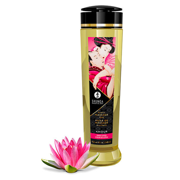 Frasco de Óleo de Massagem Sensual Amor Erótico SHUNGA 240ml com rótulo dourado e detalhes florais.