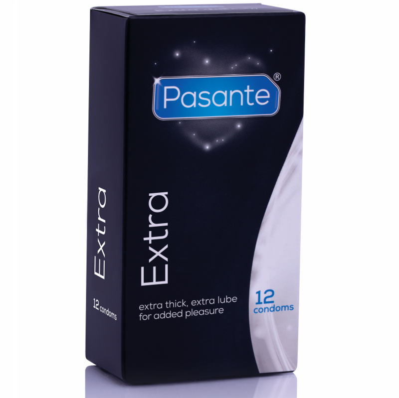 Embalagem dos Preservativos PASANTE Extra Extra Grosso 12 Unidades, destacando a segurança e o conforto.