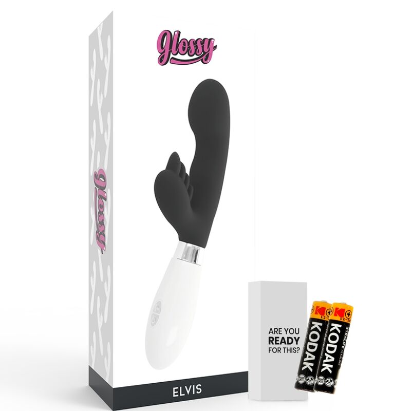 Vista detalhada do vibrador coelho GLOSSY Elvi Preto de silicone com estimulador clitoriano.
