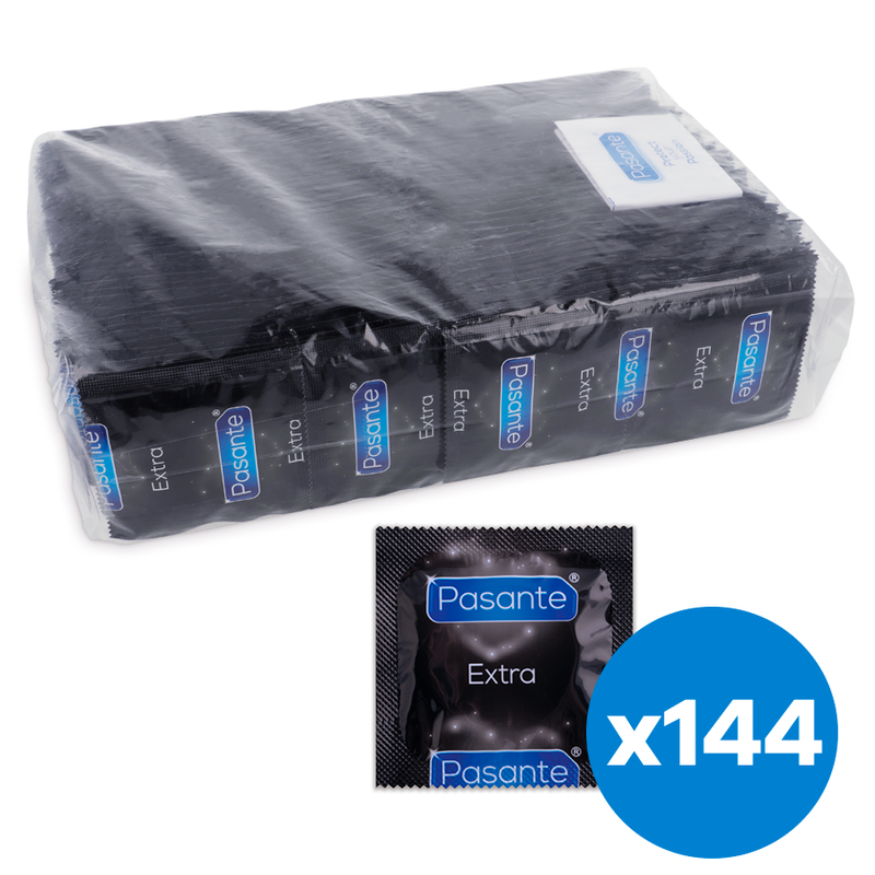 Preservativos Pasante Extra Grossos 144 Unidades, embalagem e detalhes do produto.